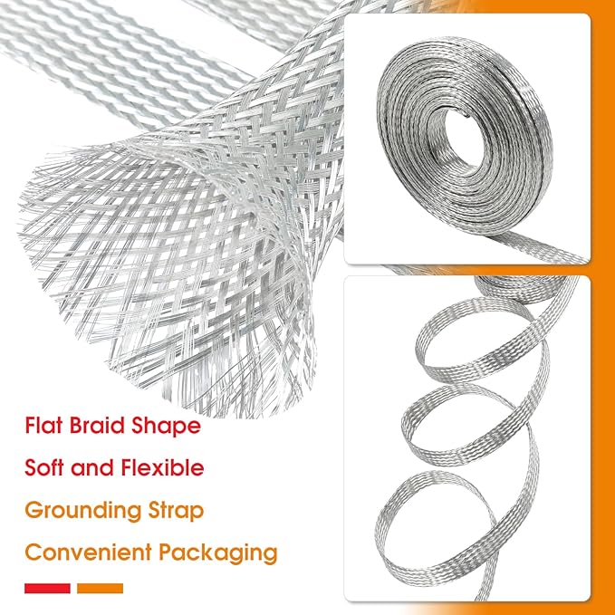 Tinned Copper Wire Shielding Sleeve, Expandable Ground Strap Wiring Braided Sleeving Metal Mesh Sheathing Cabling Wiring Protector (1/2inch - 45ft)