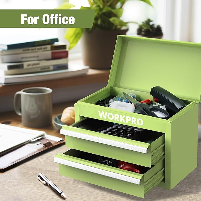 WORKPRO Mini Metal Tool Box with 2 Drawers and Top Storage, Small Tool Chest with PVC Liners and PP Feet Pads, Cold Rolled Steel Toolbox with Magnetic Tab