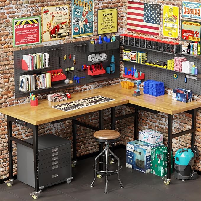 70” Heavy-Duty Solid Wood Work Bench Work Table with Wheels, Adjustable Height Portable Workbench with Power Outlets & Pegboard, 3000 Lbs Capacity Workstation for Garage, Workshop
