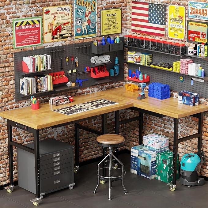 60" Heavy-Duty Solid Wood Work Bench Work Table with Drawers, Adjustable Height Portable Workbench with Power Outlets, 3000 Lbs Capacity Workstation for Garage, Workshop, Office, Shop