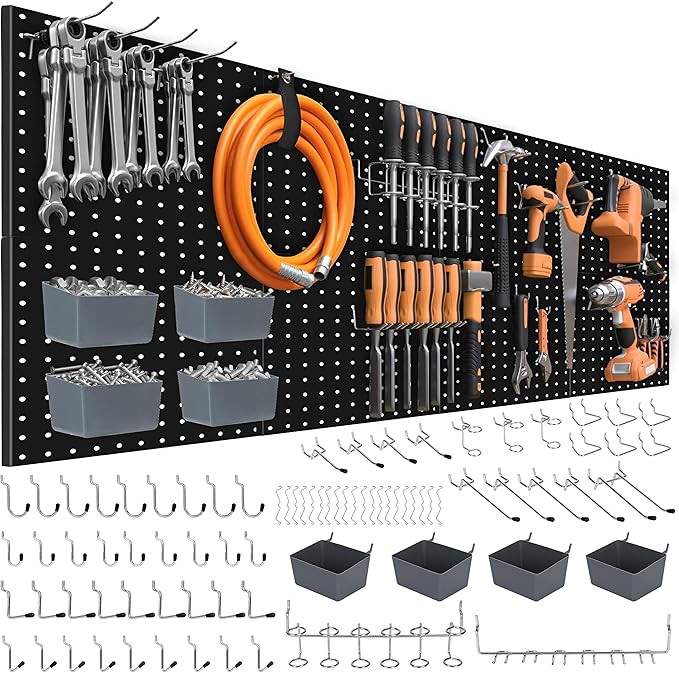 88 PCS Pegboard Panels Metal Black with Accessories Kit, Heavy Duty Steel Peg Boards Wall Tool Organizer with Screw, Bins, Hooks, Peg Locks for Garage, Tool Storage, Office, Craft Room, Kitchen