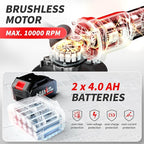 Cordless Angle Grinder 4-1/2 inch, Power Angle Grinder with 2x4.0Ah Battery, 10000 RPM Brushless Metal Grinder with Cutting Wheels, Electric Grinder Tool for Wood Metal Cutting & Grinding