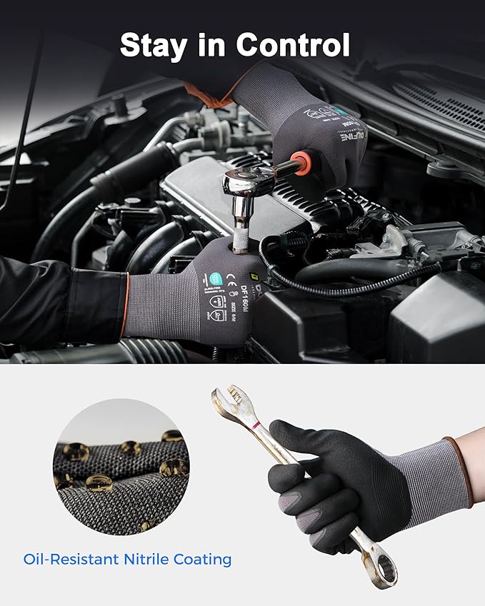 DULFINE Safety Work Gloves MicroFoam Nitrile Coated-24 Pairs Pack,Seamless Knit Nylon Glove with Black Micro-Foam Nitrile Grip,Ideal for General Purpose,Automotive,Home Improvement,Painting(Medium)