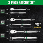 SK 3-Piece Ratchet Set, 1/4″, 3/8″, 1/2″ Drive Ratchet, Pear Head, 90-Tooth, Alloy Steel, with Contoured Handle