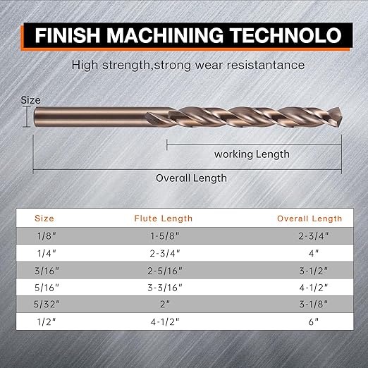 3/16 Inch Cobalt Drill Bits (10pcs), M35 High Speed Steel, 135 Degree Tip, Jobber Length Twist Drill Bit Set for Hard Metal, Stainless Steel, Cast Iron, Wood and Plastic, with Storage Case