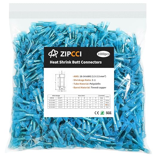 1000Pcs 16-14 AWG Blue Heat Shrink Butt Connectors, Marine Grade Insulated Splice Electrical Connectors, Waterproof Wire Connectors Terminals for Marine Crimp, Boat, Cable, Automotive