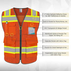 TCCFCCT Reflective Vest 5 Pockets Mesh Safety Vest with Reinforced Zipper, High Visibility Surveyor Work Vest for Men Women with Fluorescent Orange Edge, Durable to Use, Meets ANSI/ISEA,DW-Orange, 4XL