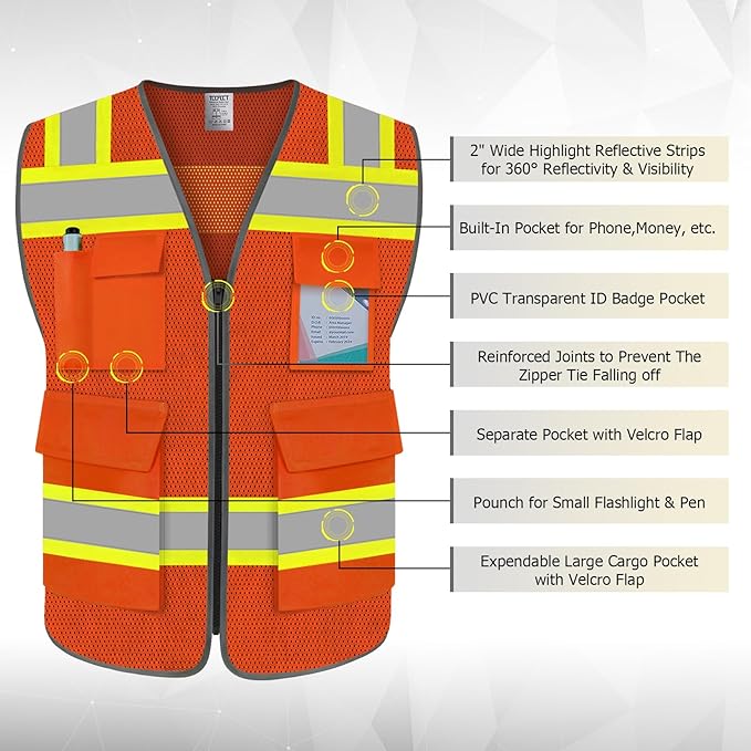 TCCFCCT Safety Vest for Men Women 5 Pockets Mesh High Visibility Reflective Vest with Reinforced Zipper, Durable Construction Work Vest with Fluorescent Orange Edge, Meets ANSI/ISEA, DW-Orange, 5XL