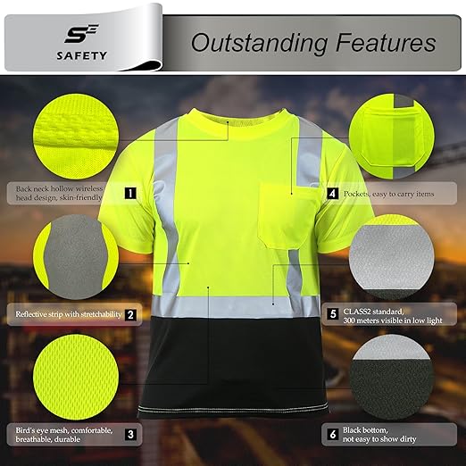 sesafety Hi Visibility Shirts for Men, Safety Shirts with Reflective Strips Class 2, Hi Vis Construction Work Shirt with Pocket Yellow L