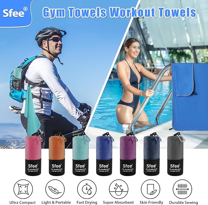 Sfee 2 Pack Microfiber Travel Towel, Quick Dry Towel Camping Towel Large Beach Towel Super Absorbent Compact Lightweight Sports Gym Towels for Beach, Gym, Hiking, Pool, Backpacking, Bath, Yoga