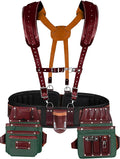FUERI Nylon Leather Tool Belt Suspender Men Heavy Duty 26 Pocket Tools Bags Pouches Holder Organizer for Carpenter Construction Electrician Framer (Green & Maroon Tool Belt Set, Large 36" - 42")