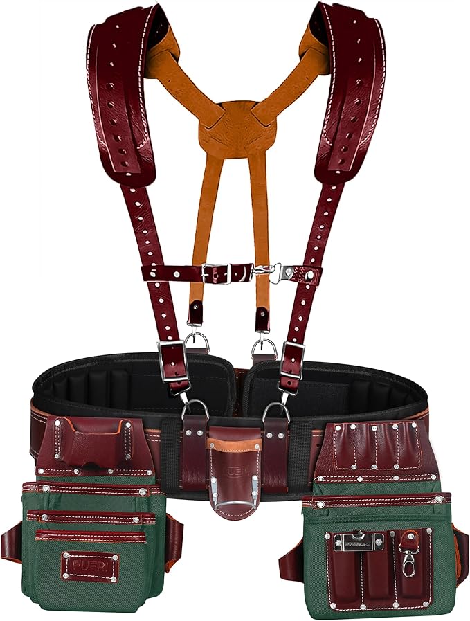 FUERI Nylon Leather Tool Belt Suspender for Men Heavy Duty 26 Pocket Tools Bags Pouches Holder Organizer for Carpenter Construction Electrician Framer (Green & Maroon Tool Belt Set, Medium 30" - 36")