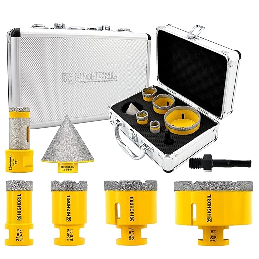 HIGHDRIL Diamond Drill Bits Kit - 25/35/50/75mm/20mm Finger Bit+50mm Chamfer Bit +SDS Adapter with 5/8-11 Thread for Porcelain Ceramic Tile Granite Marble Brick