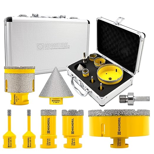 HIGHDRIL Diamond Drill Bits Kit - 6/6/25/35/100mm/50mm Finger Bit+50mm Chamfer Bit with 5/8-11 Thread for Porcelain Ceramic Tile Granite Marble Brick