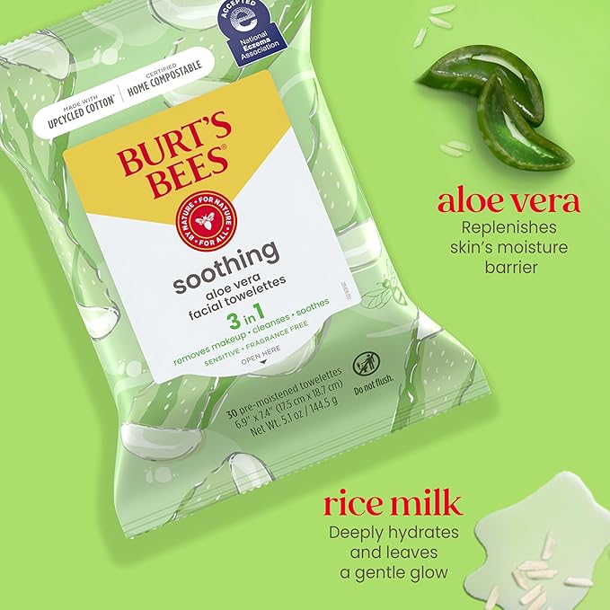 Burt's Bees Back To School Dorm Essentials, Aloe Vera Face Wipes, for Sensitive Skin, Soothing Makeup Remover & Facial Cleansing Towelettes, 30 Ct. (3-Pack)