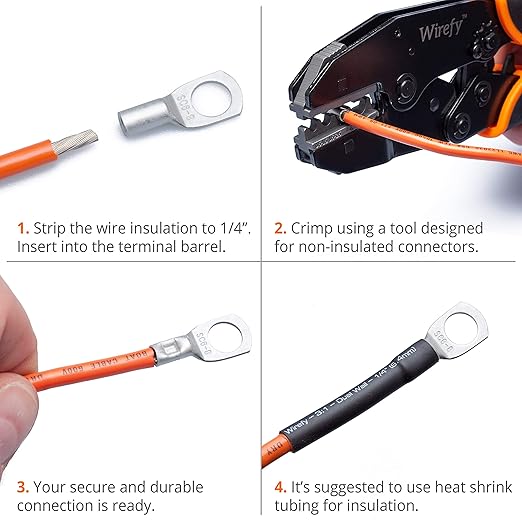Wirefy 30 PCS Tinned Copper Wire Lugs Kit - Battery Lugs - Crimp Battery Cable Ends - Ring Terminals - 6-2 Gauge