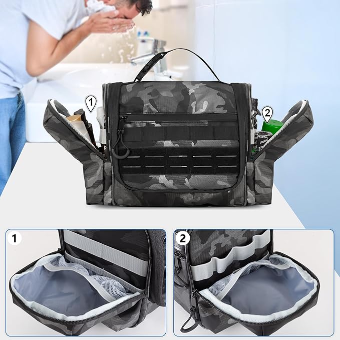 Hanging Toiletry Bag for Men, Tactical Dopp Kit Toiletry Travel Bag, Large Hygiene Organizer Shower Bag for Camping Outdoor, Black Camo