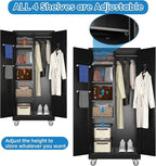 Garage Storage Cabinet with Wheels and 5 Pegboard, 71" H Metal Storage Cabinets with 2 Locking Doors and 4 Shelves, Broom Closet Storage Cabinet with Hanging Rod and 13 Hooks, Black