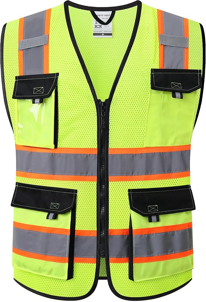 JKSafety Hi Vis Reflective Safety Vests for Men Women High Visibility Vest with Pockets Mesh Fabric Construction Safety Apparel Neon Vest for Work (220-Yellow 4XL)