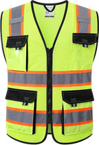 JKSafety Hi Vis Reflective Safety Vests for Men Women High Visibility Vest with Pockets Mesh Fabric Construction Safety Apparel Neon Vest for Work (220-Yellow XL)