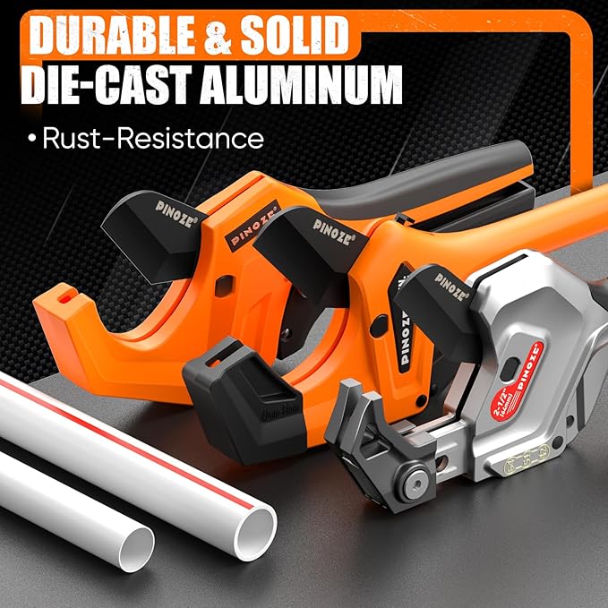 PVC Pipe Cutter - 3 Inch Max Opening, Heavy-Duty Ratchet Pipe Cutter Tool with Stabilizer for PVC, PPR, PE, PEX, Plastic Hoses & Plumbing Pipes with Teflon Coated SK5 Blade