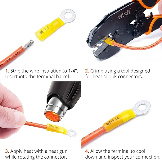 Wirefy 90 PCS Heat Shrink Ring Terminals 1/2" - a Resistant Ring Connectors - Eyelet Wire Connectors - Large Ring Terminals - Yellow 10-12 AWG