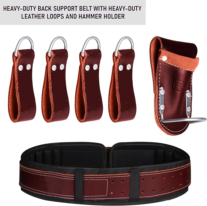 FUERI Nylon Leather Tool Belt Suspender for Men Heavy Duty 26 Pocket Tools Bags Pouches Holder Organizer for Carpenter Construction Electrician Framer (Green & Maroon Tool Belt Set, Medium 30" - 36")