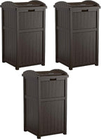 Suncast 3 Pack 33 Gallon Durable Plastic Hideaway Outdoor Garbage Can with Secure Lid & Wicker Design for Home Backyards, Decks, or Patios, Java Brown