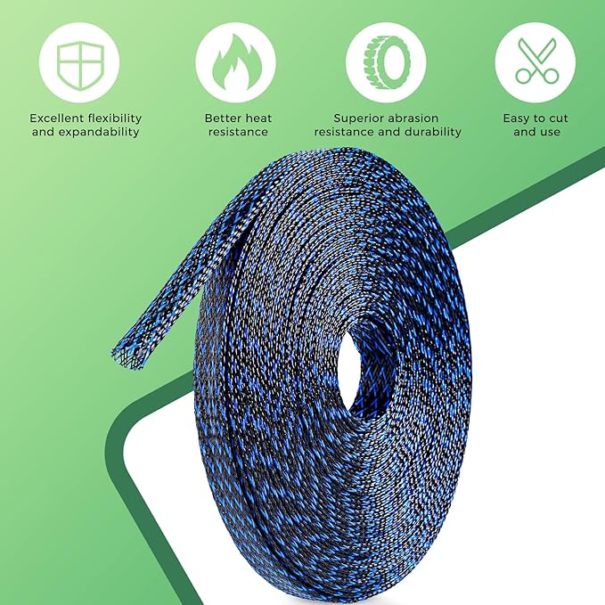 132 ft Expandable Braided Cable Sleeve Wire Loom PET Wire Sleeving，Wrap Management Mesh for Audio Video and Other Home Device Cable Automotive Wire - (1/2 Inch, 1/4 Inch, 2/5 Inch,3/4 Inch,Blue)