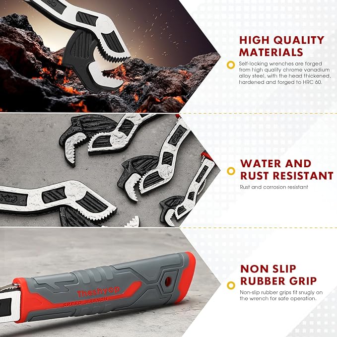 Multifunctional Self locking Wrench, Self Adjusting Pipe Wrench, 6 8 10 12 Inch Self Locking Adjustable Wrench, Non-Slip Handle, Chrome Vanadium Alloy Steel