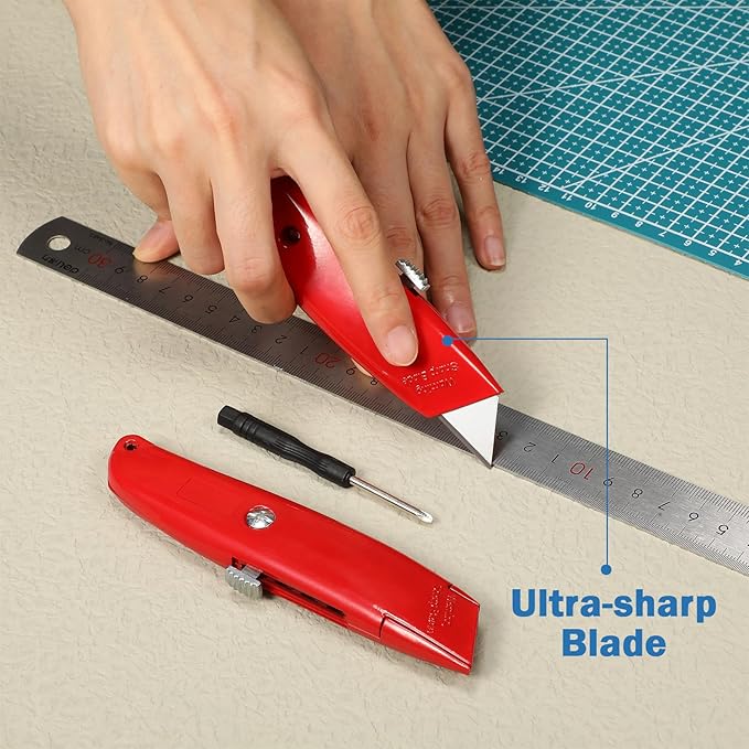 Reginary 30 Pcs Box Cutter Bulk Retractable Blade Utility Knife Heavy Duty Aluminum Alloy Razor Shell Knife for Cartons, Cardboard and Boxes, DIY, Factory, Home(Red)