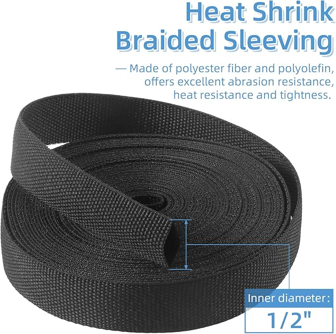 2 in 1 Heat Shrink Braided Sleeving, 1/2 Inch Shrinkable Fabric Sleeve Heat Shrink Insulating Tubing for Hose/Cable/Wire Protection (1/2"(12mm), 30FT)