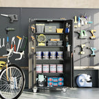 Upgraded Metal Storage Cabinet with Wheels, Lockable 72" Tall Cabinet for Garage Utility Rooms, Pegboard & 4 Hooks, Adjustable Shelves (Black)