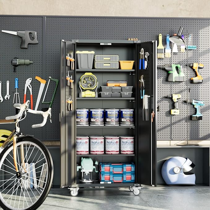 72" Metal Storage Cabinet with Wheels and Pegboard, Lockable Rolling Steel Storage Cabinet with 4 Adjustable Shelves and Door for Garage, Office, Kitchen, Assembly Required