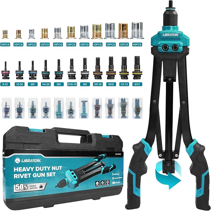 LIBRATON Rivet Nut Tool, 16" Rivnut Tool Kit, Hand Rivet Nut Tool kit with 11PCS Metric & SAE Interchangeable Mandrels, 110PCS Rivet Nuts, Carrying Case, Auto Release Nut Design