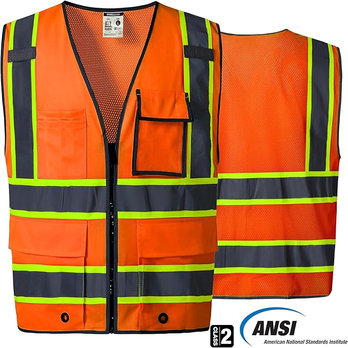 SKSAFETY 10 Pockets Safety Vest, Class 2 High Visibility Security with Zipper Back Mesh, Hi Vis Vest with Reflective Strips, ANSI/ISEA Standard, Construction Work Vest for Men ＆ Women （Orange, 3XL）
