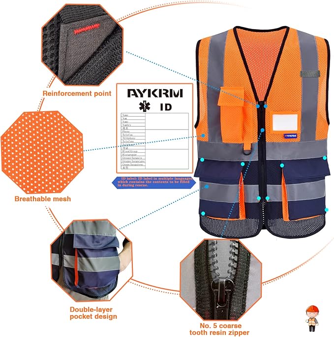 A-SAFETY High Visibility Mesh Safety Reflective Vest with Pockets and Zipper,Hi Vis Viz Reflective Safety Vest(Orange&Navy Mesh 3XL)
