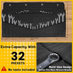 Wrench Roll 32 Pockets, Heavy-Duty 16 oz. Waxed Canvas Wrench Roll Up Bag Holds Wrench Wrap for Metric and SAE Wrenches, Wrench Pouch with Buckles and Handle, Sturdy Wrench Tool roll (Black)
