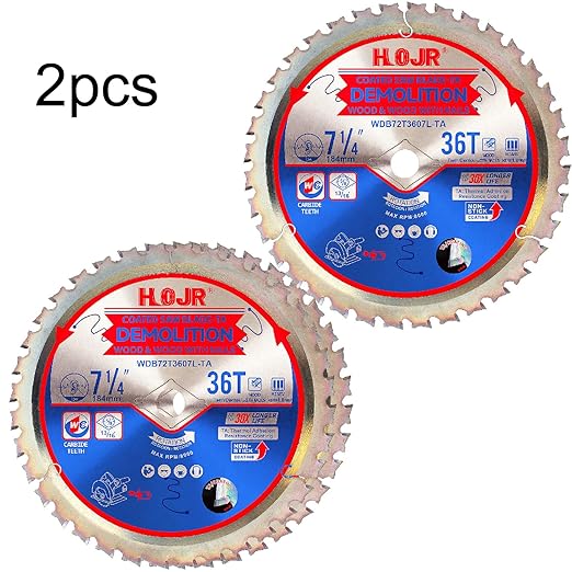 2-Pack 7-1/4" 36 Tooth 5/8" Arbor Demolition Circular Saw Blade Woodworking TA Series, Demolition/Framing, Special Anti-Heat Adhesion Coating on Cutting Head -TA, DEM 7-1/4"36T-TA