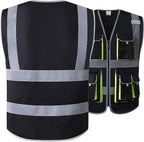 JKSafety 10 Pockets High Visibility Zipper Front Black Safety Vest with High Reflective Strips Meets ANSI/ISEA Standards (Medium, 88-Black)
