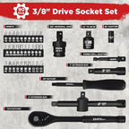 3/8" Drive Impact Socket Set, 90 Piece Metric Socket (6-22mm) and Standard SAE Size (5/16-15/16 inch) 6 Point, with 72-Teeth Ratchet Wrench, Mechanics Tool Kit for Automotive Repair