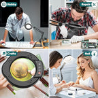 10X Magnifying Glass with Light and Stand，Real Glass Lens 5 Color Modes Dimmable LED Lighted Magnifier with Swing Arm Hands Free Magnifying Desk Lamp for Crafts Sewing Painting Reading Close Work