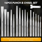 Punch and Chisel Set Heavy Duty, 16pcs CR-V Steel 5 Taper Punch，3 Cold Chisel, 2 Center Punch, 5 Pin Punch Set with Roll-Up Pouch for Metal, Wood, and Automotive Projects（16pcs）