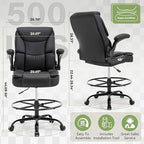 500LBS Drafting Chair, High Back Safer Standing Desk Chair, Executive Tall Office Chair with Flip-up Armrests, Upholstered PU Leather Task Chair, Ergonomic Seat with Adjustable Height&Foot Ring, Black