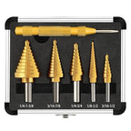 COMOWARE Step Drill Bit Set 5-Piece Titanium-Coated with Automatic Center Punch HSS- Covering 50 Sizes, Complete with Aluminum Case