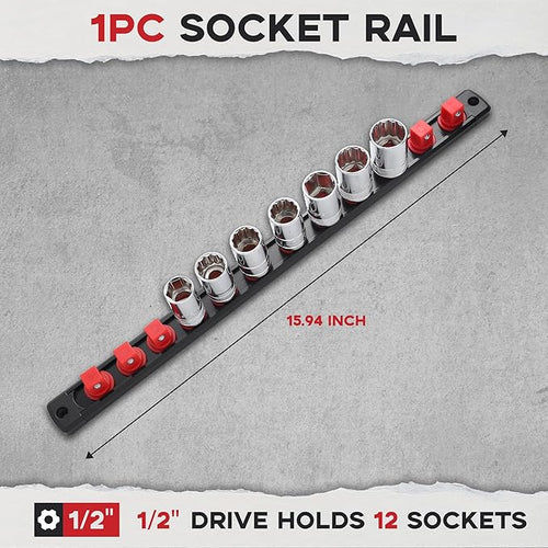 1/2-Inch Drive Magnetic Socket Organizer, Heavy Duty Aluminum Socket Rail Organizer, 360° Swivel Clips Socket Holder Kit for Tool Box, 1/2-Inch Socket Holder x 12 Clips (Red)