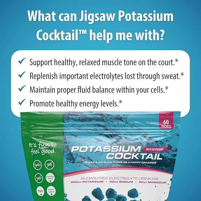 Jigsaw Health Potassium Cocktail | Formerly Pickleball Cocktail | Blue Raspberry Flavor | 60 Servings (Packets)