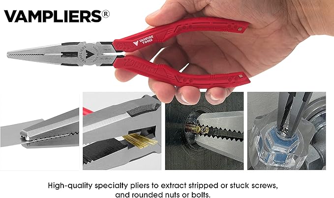 VAMPLIERS 4-Piece Stripped Screw Extractor Pliers Gift Set. Made in Japan. 8" Linesman, 7.5" Long Nose, 6.25" Multipurpose & 5" Mini Pliers. Remove any Stripped/Damaged/Rusted Screws.