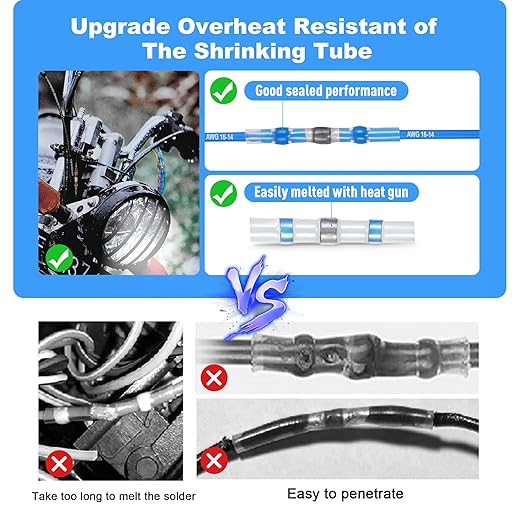 Kuject 100PCS Solder Seal Wire Connectors AWG 16-14, Blue Solder Seal Heat Shrink Butt Connectors Terminals Waterproof Wire Splice Connector for Marine Boat Wire Joint