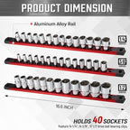 ALOANES 3-Piece Magnetic Socket Organizer, Heavy Duty Aluminum Socket Rails Organizer, 360° Swivel Clips Socket Holder Kit for Tool Box, 1/2, 3/8, 1/4-Inch Socket Holder x 40 Clips (Red)